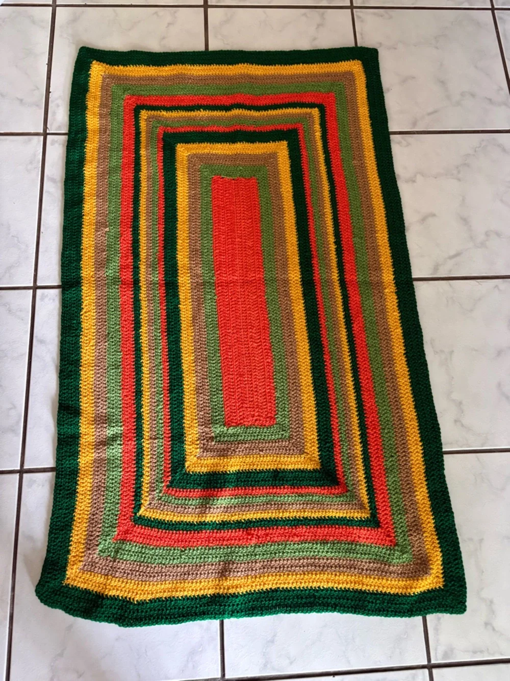 Handmade Green, Red & Yellow Striped Crochet Throw 66”L x 42”W
